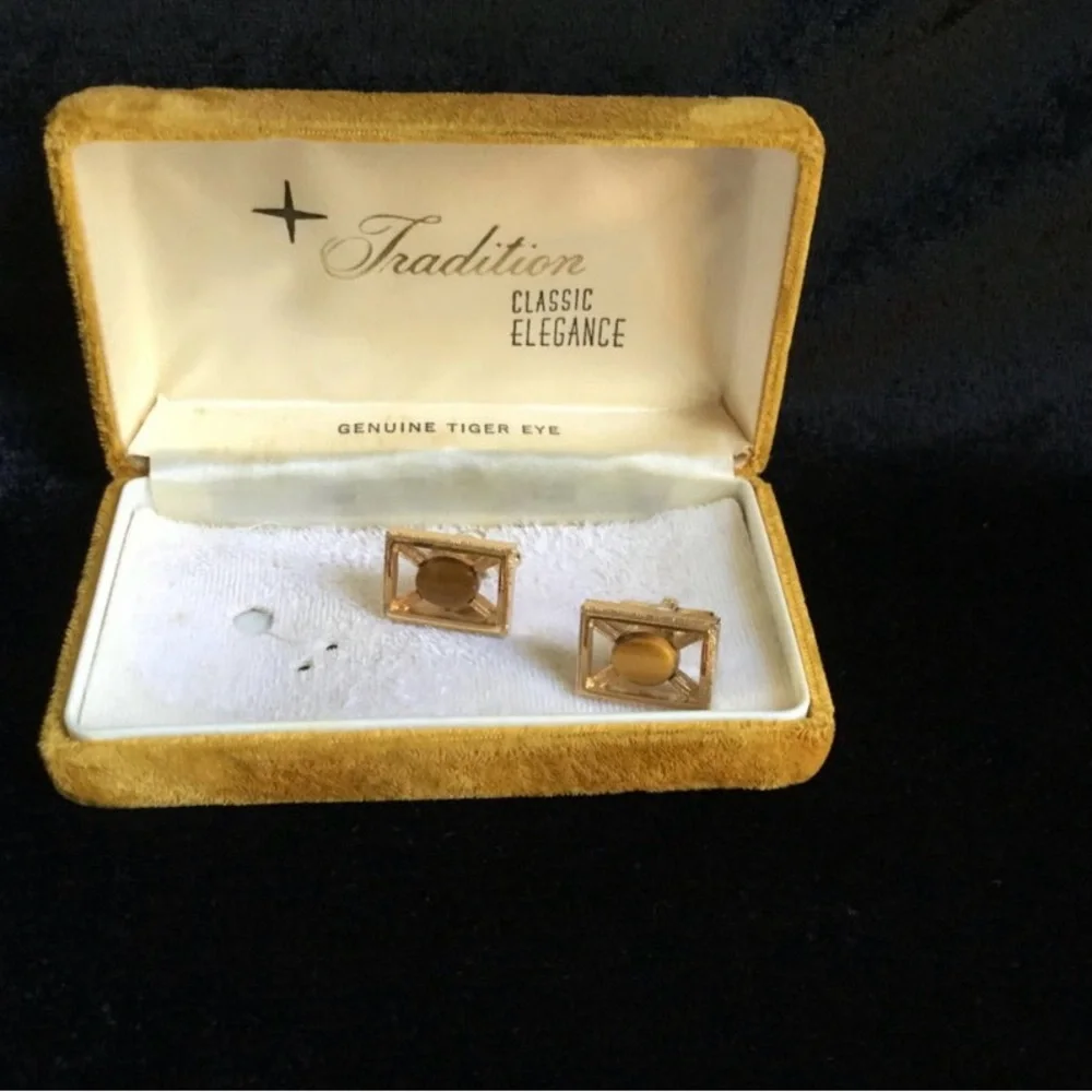 Vintage Genuine Gold-tone Tiger Eye Cuff Links